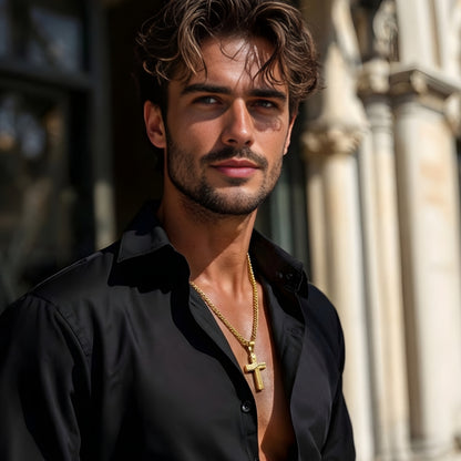 COLLIER HOMME, PENDENTIF CROIX HORIZON EN ACIER TEXTURÉ dore omme élégant eglise