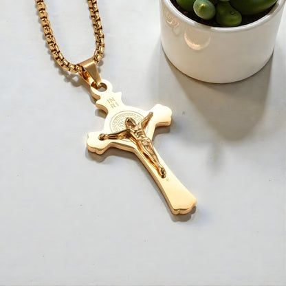 COLLIER HOMME pendentif CROIX DE SAINT BENOÎT CRUCIFIX variante dore