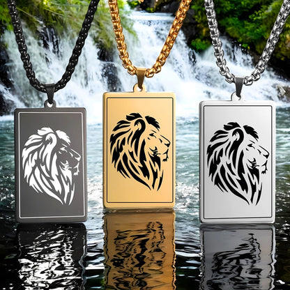 Collier homme- pendentif LÉOLOOK™  ; Collier tête de Lion gravé sur plaque