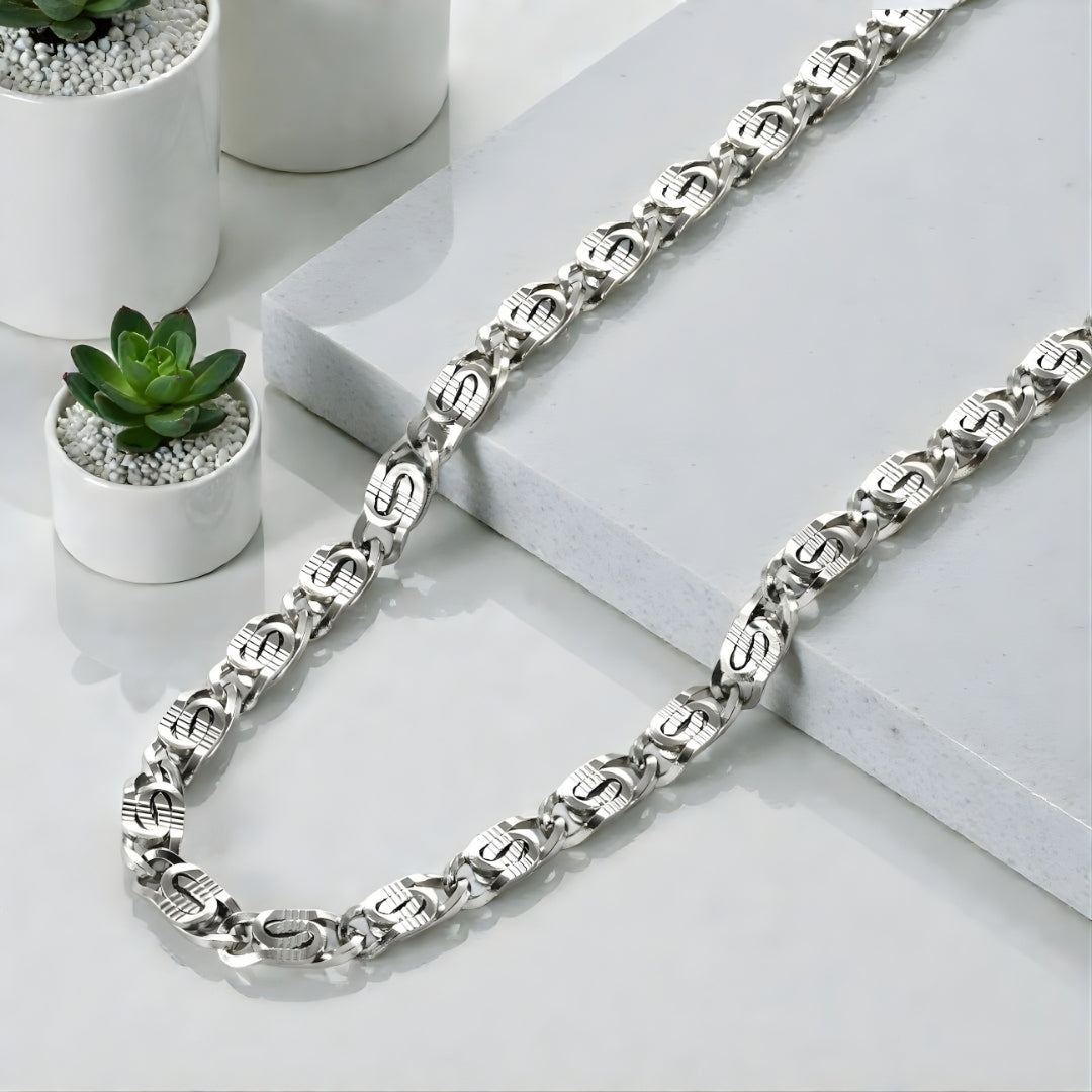 Chaîne Homme Signe Dollar ou Trombone variantes argent presentation table details