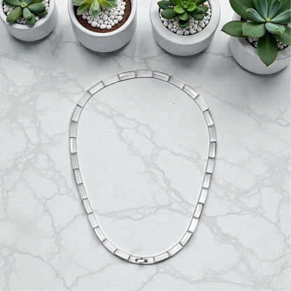 Chaîne collier homme maille barrette articulee argent table marbre plantes