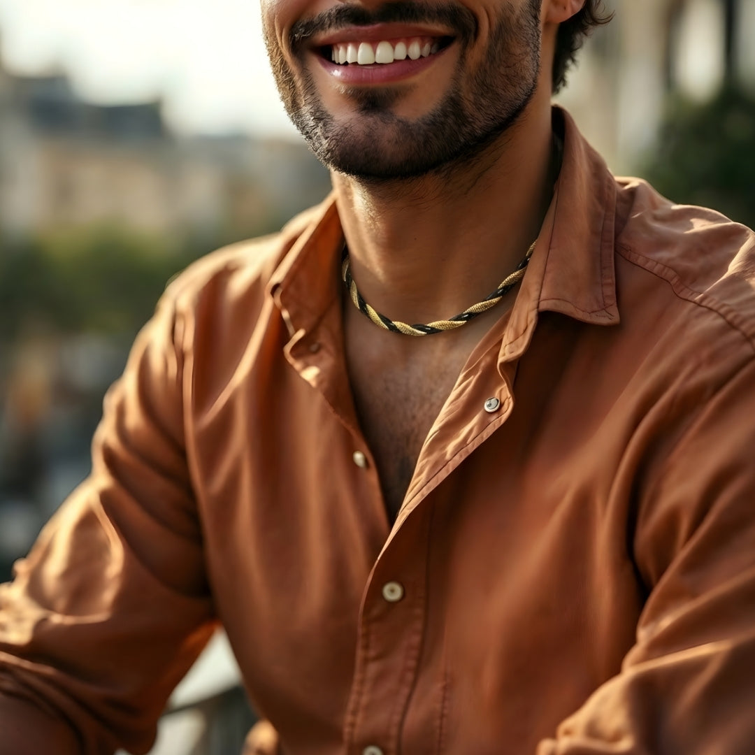 Chaine collier homme Torsade Bicolore Or-Noir courte chemise mode exterieur