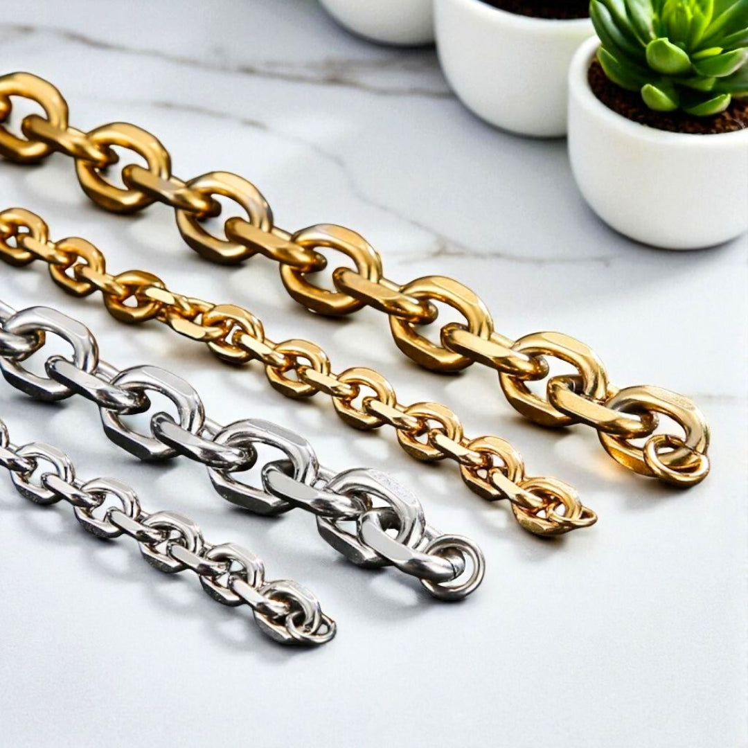 Chaine homme CHAINY LINK argent doré table marbre plantes comparaison 6 mm 10 mm