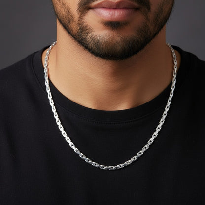 Chaine homme Collier maillons carres et ovales 4 mm argent details sur noir