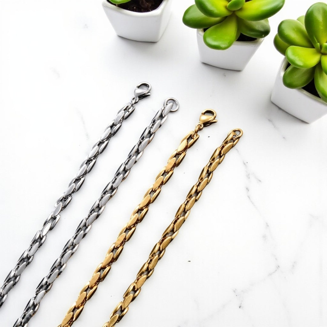 Chaine homme Collier maillons carres et ovales 4 mm argent dore marbre plantes