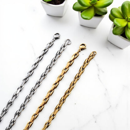 Chaine homme Collier maillons carres et ovales 4 mm argent dore marbre plantes