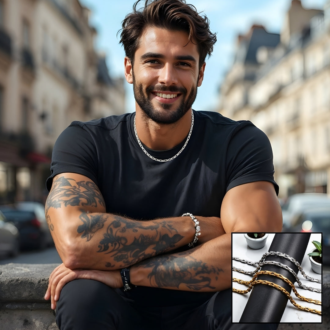 Chaine homme Collier maillons carres et ovales 4 mm argent t shirt noir