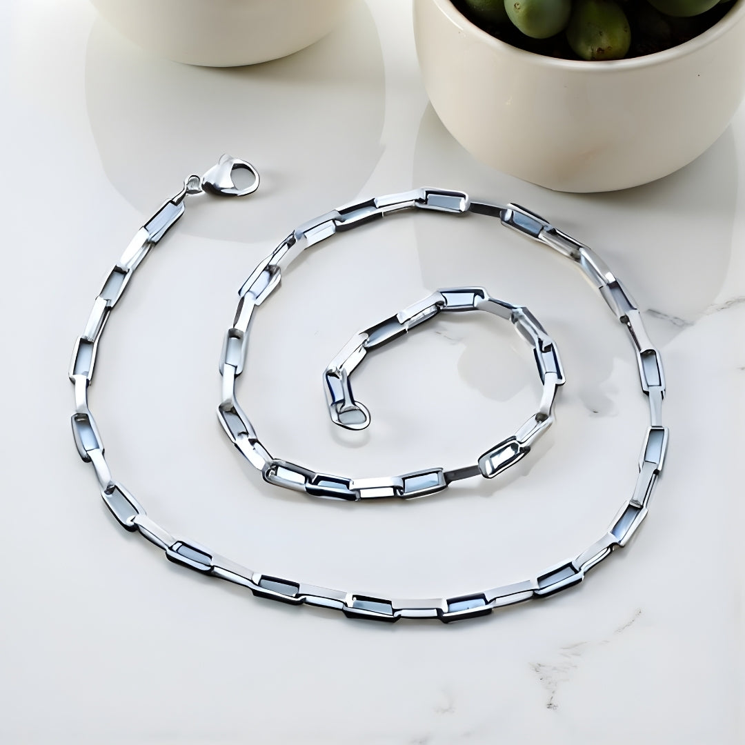 Chaine homme, Collier rectangulaire variante argent 