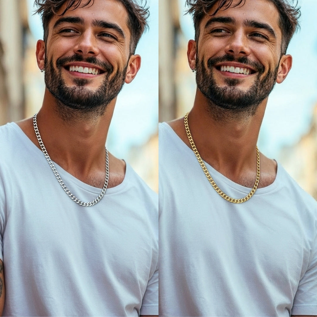 Chaine homme collier Cubain argent dore homme t shirt blanc