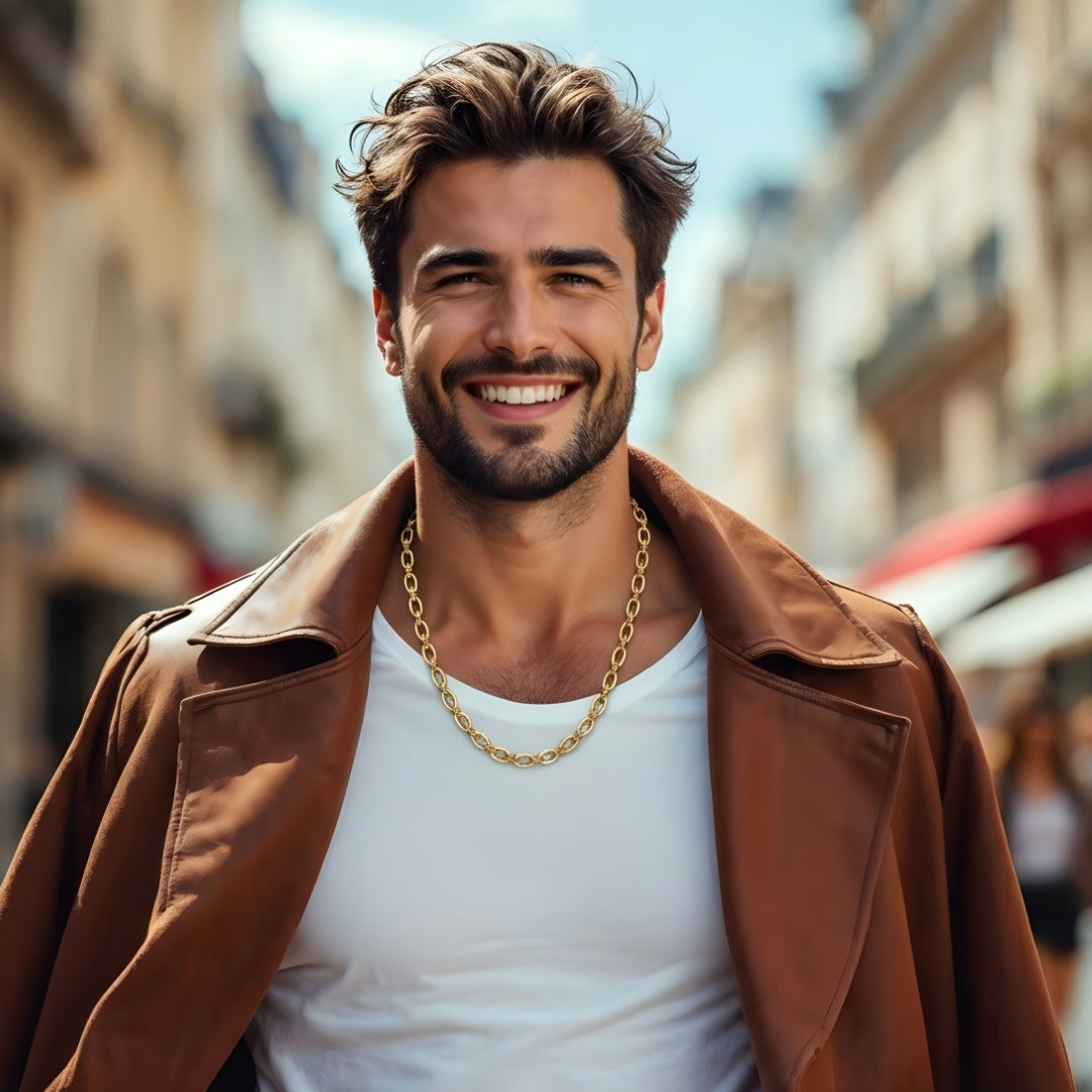 Chaine homme, collier homme petits maillons ovales dore blouson marron rue