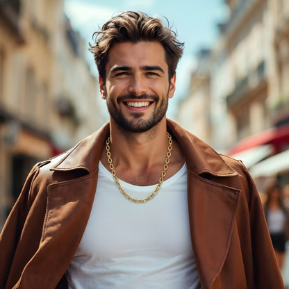 Chaine homme, collier homme petits maillons ovales dore blouson marron rue