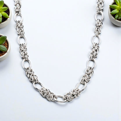 Chaine homme collier à maillons entrelaces et alternes variante argent