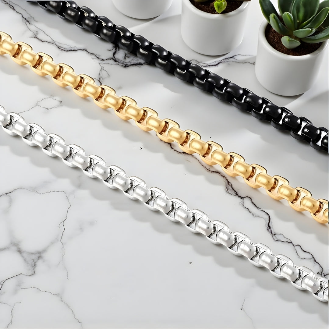 Chaine homme maille Rolo argent dore noir presentation maillons ronds