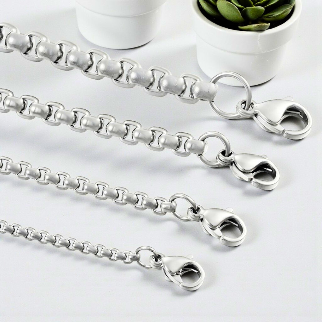 Chaine homme maille Rolo argent presentation maillons ronds dimensions plus fermoirs