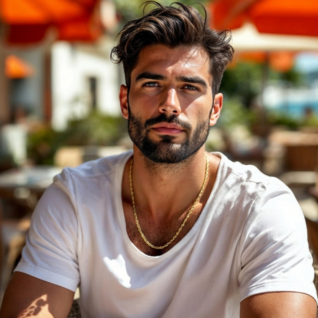 Chaine homme plate torsadee variante doree t ahirt blanc parasols