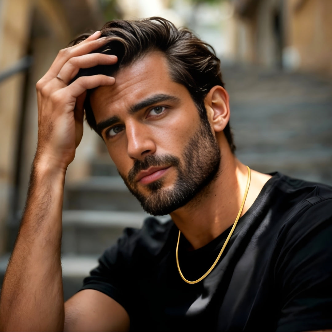 Chaine homme serpent plate doré homme escaiiers t shirt noir