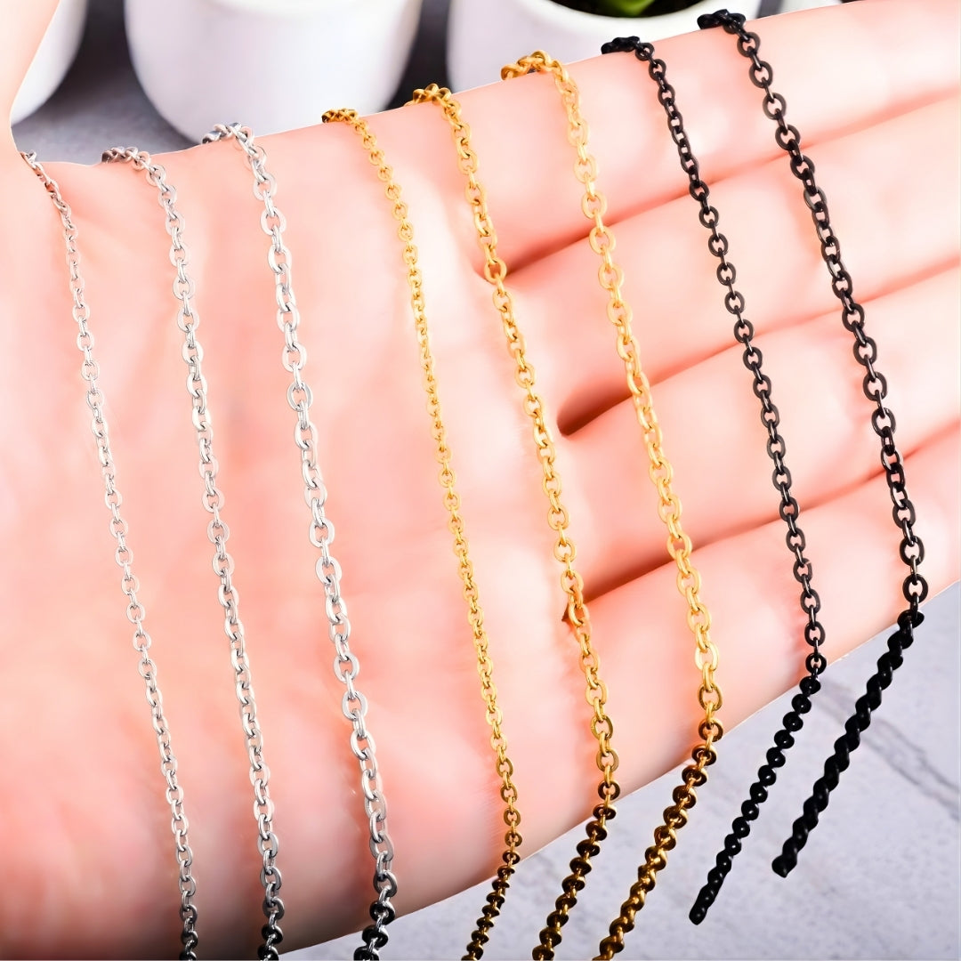 Chaines homme à maillons en O, style rolo argentees dorees noires main