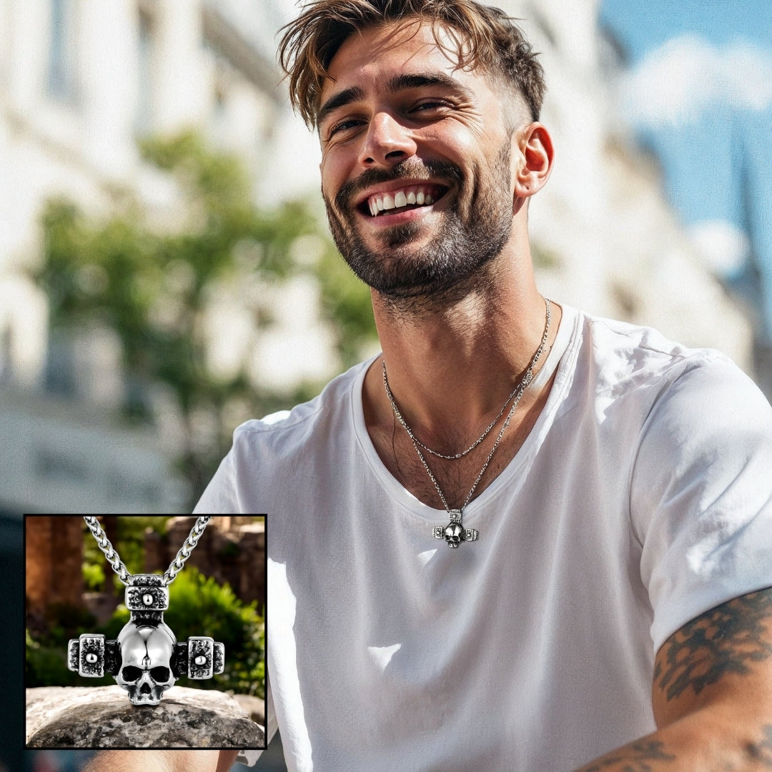 Collier-Homme- Pendentif- SKULL-homme-tatouages-tatoo-tête de mort-crâne-bâtiments-sourire