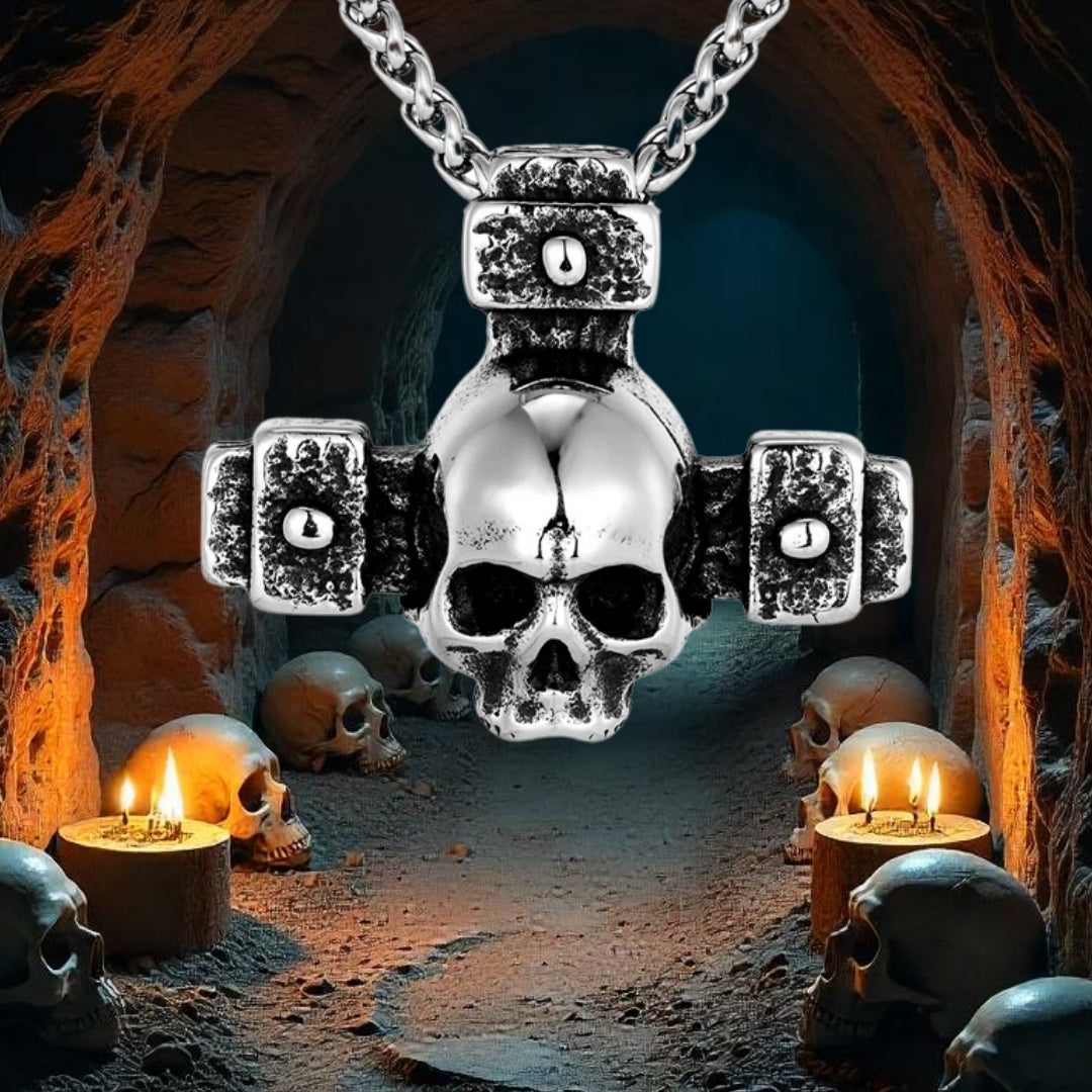 Collier-Homme- Pendentif- SKULL-homme-tatouages-tatoo-tête de mort-crâne-crypte