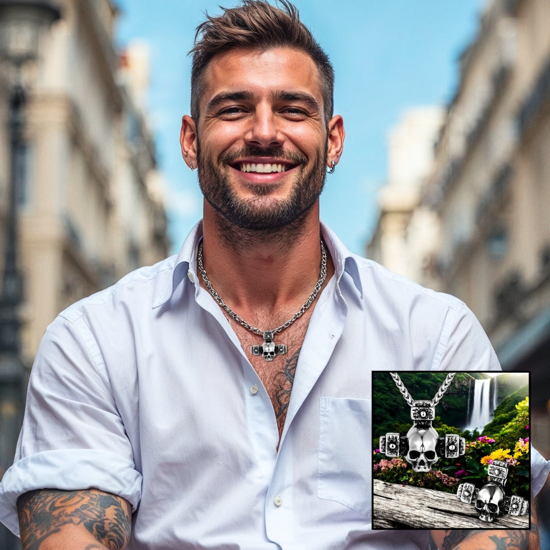 Collier-Homme- Pendentif- SKULL-homme-tatouages-tatoo-tête de mort-crâne-homme-sourire-élégant- chemise- mode