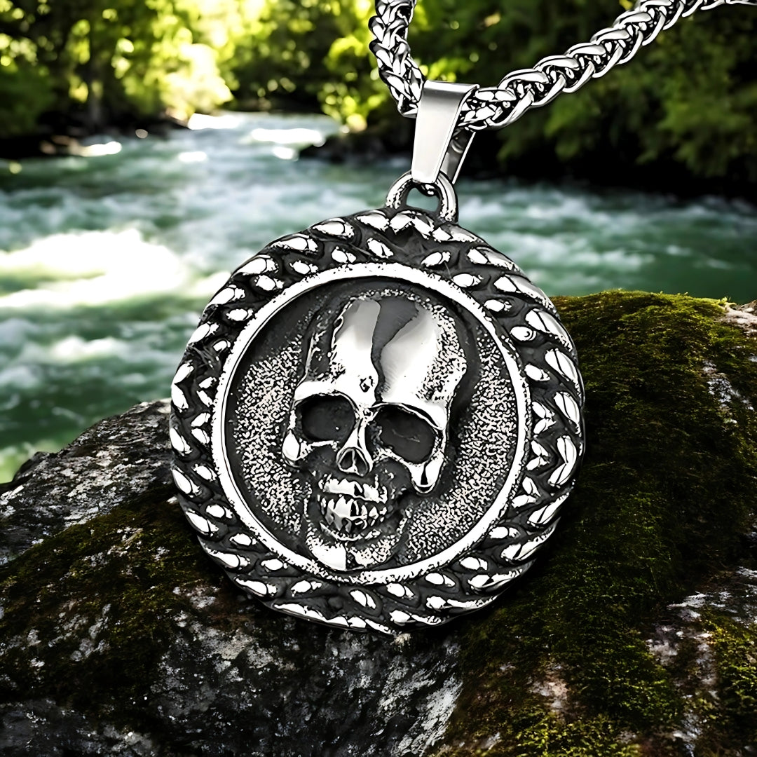 Collier- Homme- pendentif -SKULL FACE™ -tête de mort-crane-médaillon-rivière-rochers