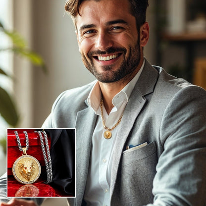 Collier- homme- pendentif- LUXULLION™-médaillon-or-LION-homme-sourire-habillé-bureau-travail- Paris