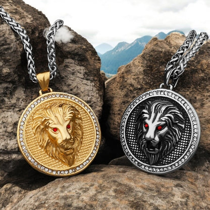 Collier- homme- pendentif- LUXULLION™-médaillon-or-acier-LION-montagnes