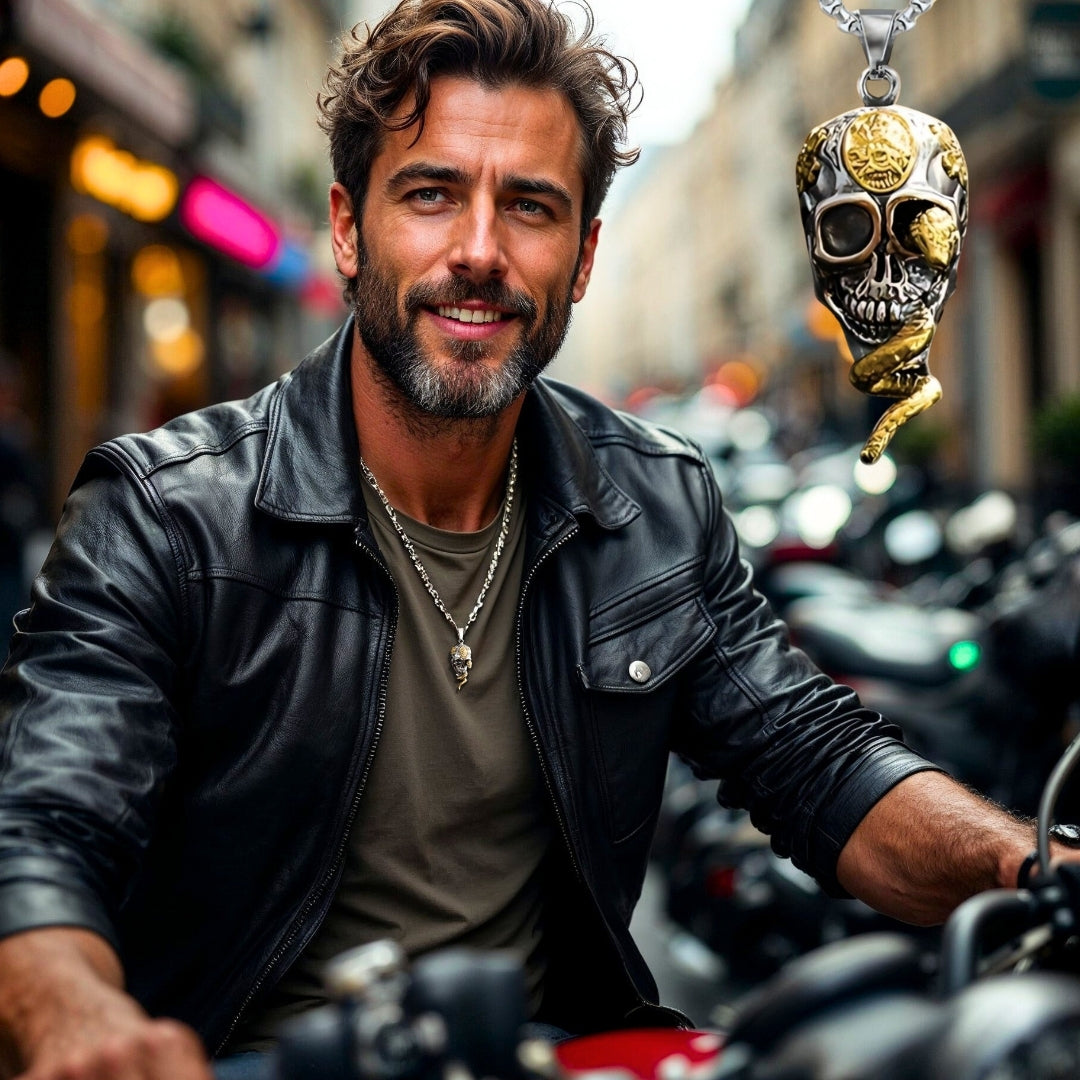 Collier- homme- pendentif -SKULL SNAKE™- CRÂNE-TÊTE DE MORT-SKULL-MOTO-MATURE