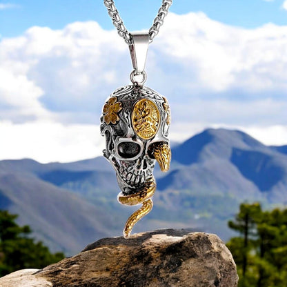 Collier- homme- pendentif -SKULL SNAKE™- CRÂNE-TÊTE DE MORT-SKULL-SERPENT-OR-MONTAGNE