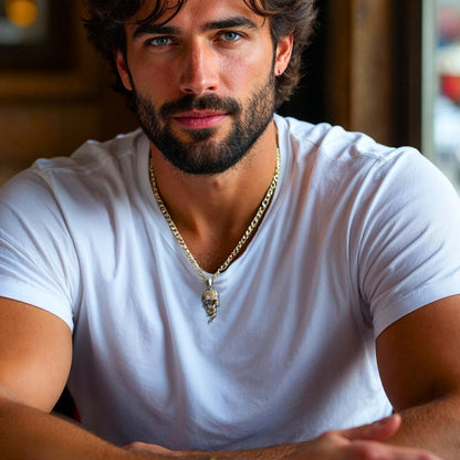 Collier- homme- pendentif -SKULL SNAKE™- CRÂNE-TÊTE DE MORT-SKULL-BARBE-T-SHIRT- BLANC-CAFÉ