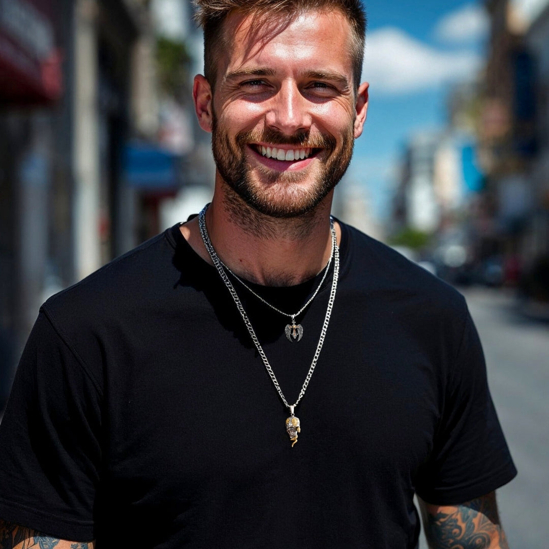 Collier- homme- pendentif -SKULL SNAKE™- CRÂNE-TÊTE DE MORT-SKULL-SOURIRE-T-SHIRT- NOIR-BELLE-JOURNÉE