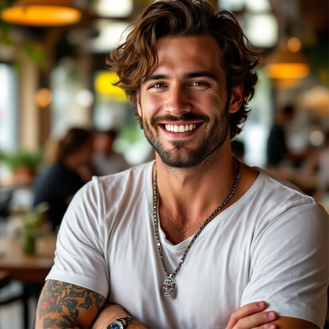 Collier-homme- pendentif-homme-tête -de- mort--yeux-rouge-jeune-homme-élégant-café
