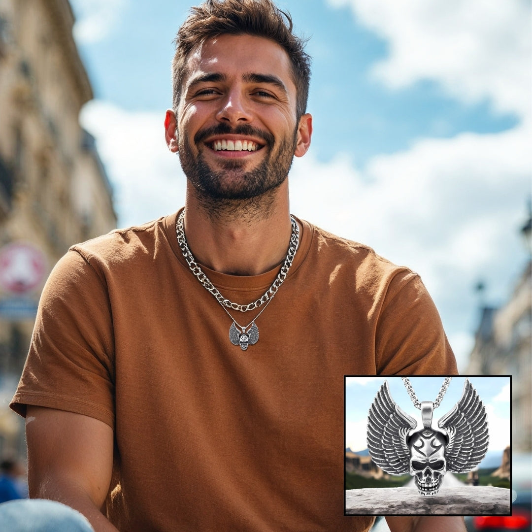 Collier-homme-pendentif-homme-tête de mort-crâne- skull-t-shirt-orange-jeans-Paris