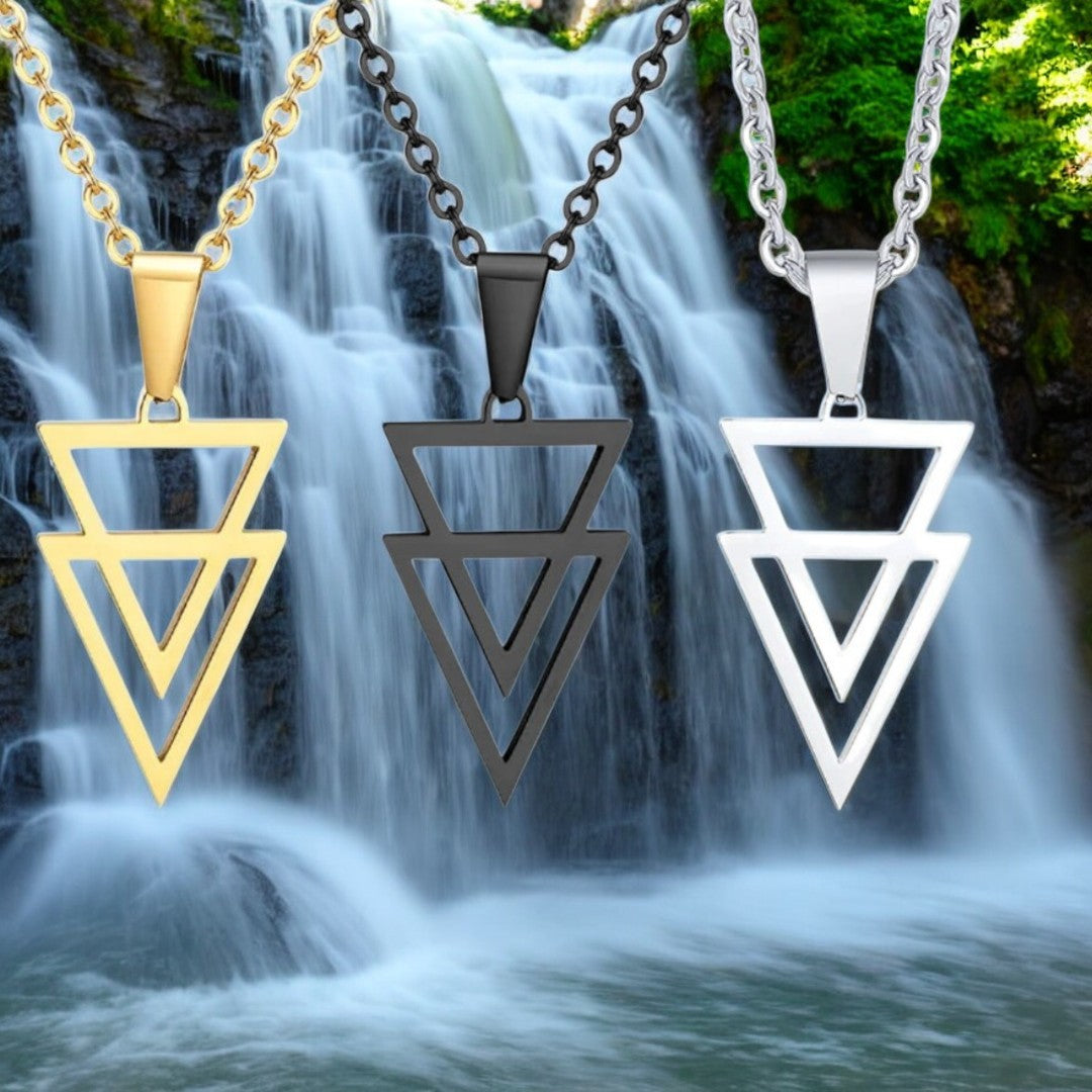 Collier-homme-pendentif-trio-deux-triangles-inversés-or-noir-argent-chute-d'eau-Forest-accessoires-modes