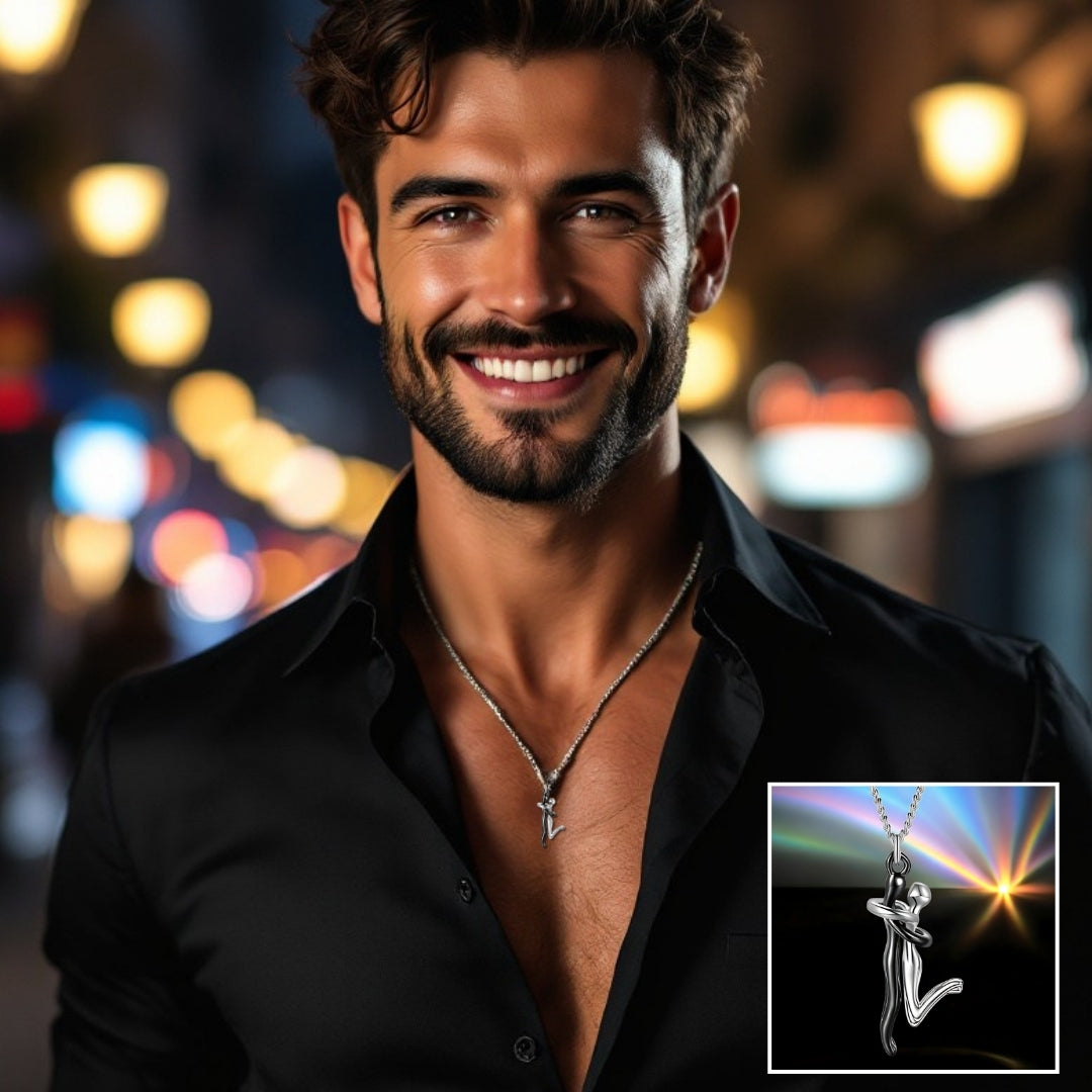 Collier homme- collier femme- couple- pendentif COUPLE AMOUREUX II™ noir argent chemise noire soiree