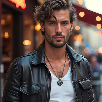 Homme -à- Paris-avec-une-veste-de-cuir-noire-ouverte-qui-porte-un-collier-argent-devant-un-magasin de Paris.