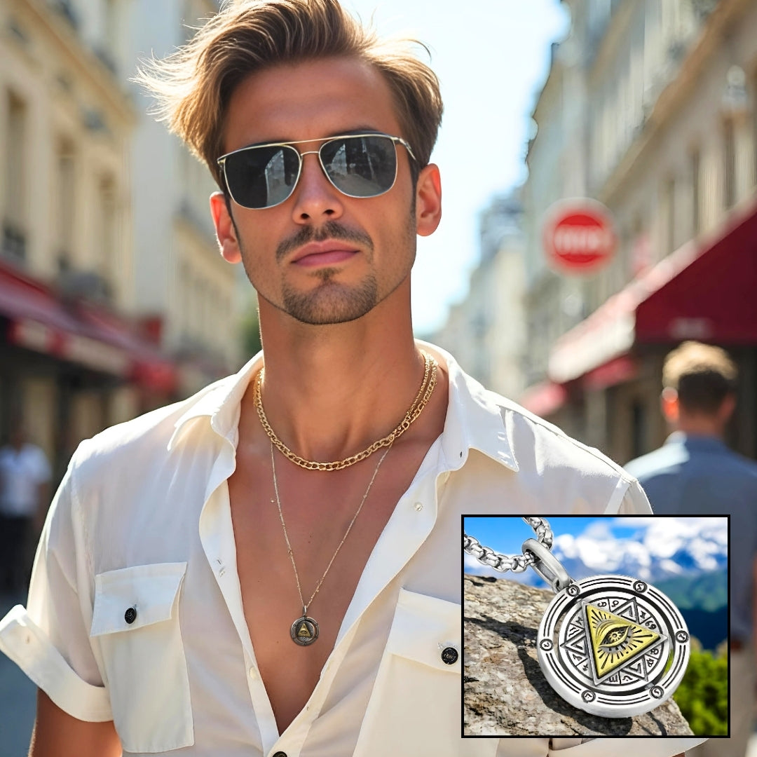 Collier homme- pendentif L'œil d'Horus NECKORUS™ chemise ouverte blanche lunette soleil