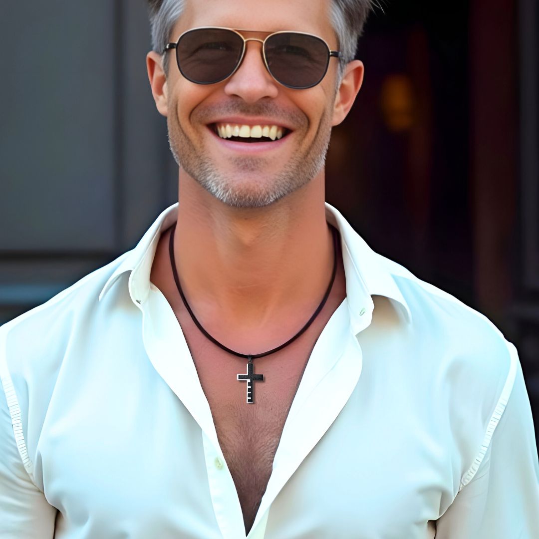 Collier homme- pendentif croix KEYCROSS™ chemise blanche lunettes soleil 