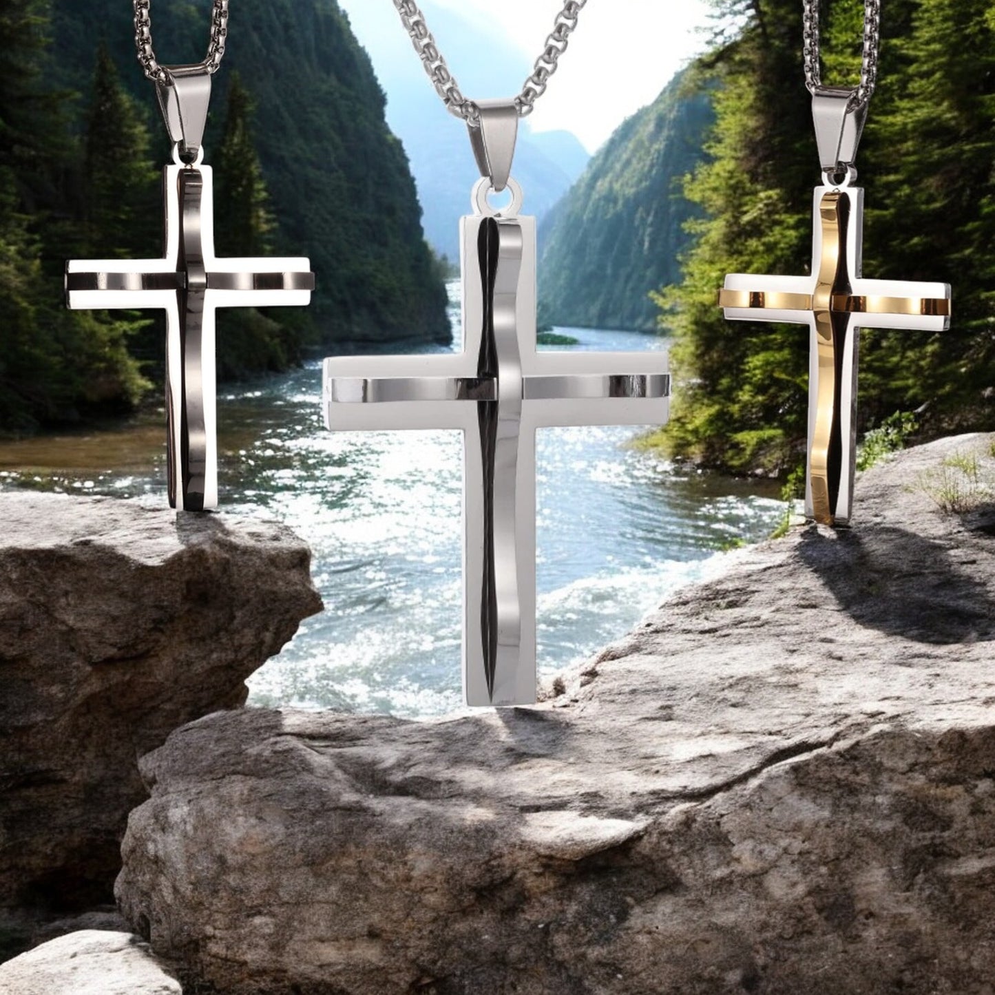 Collier homme- pendentif croix RAISED CROSS trois variabtes noir argent dore