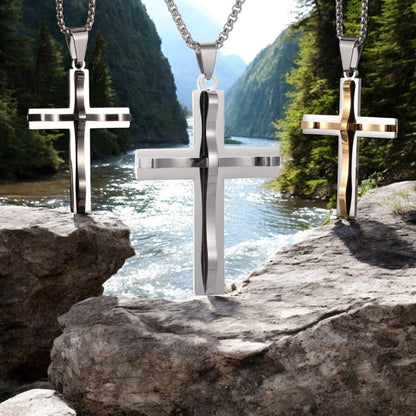 Collier homme- pendentif croix RAISED CROSS trois variabtes noir argent dore