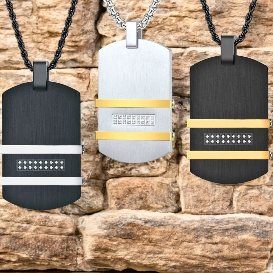 Collier homme-pendentif-plaque militaire-de luxe-noir-argent-or-trio