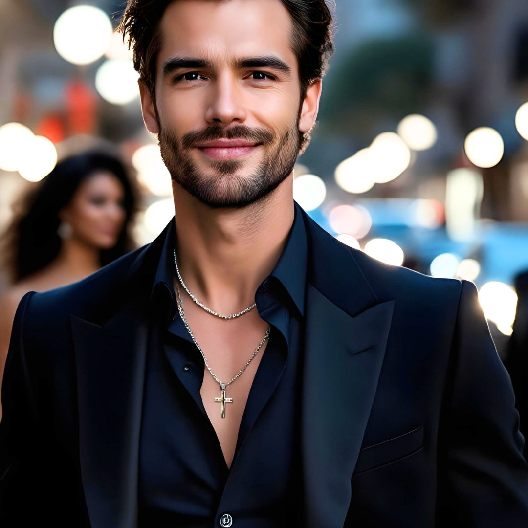 Collier homme-pendentif croix RAISED CROSS argent noir blouson elegant soire