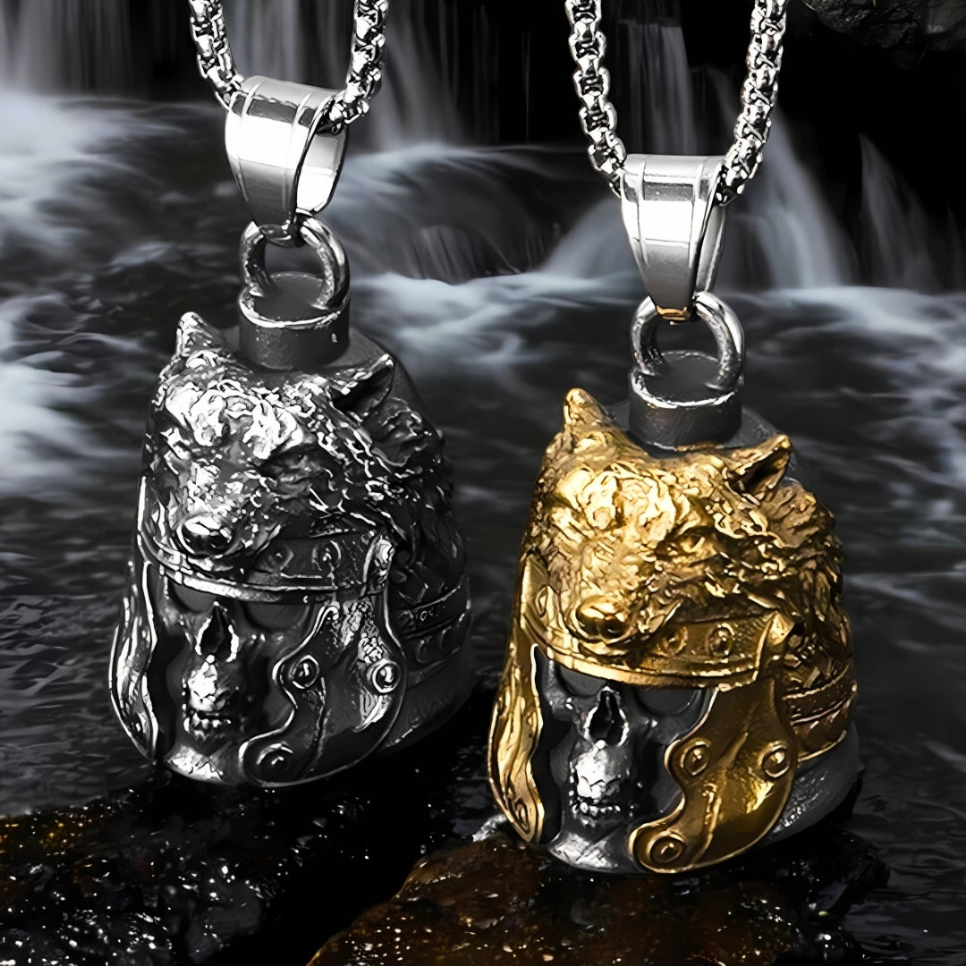Collier homme, Pendentif Viking SKULLWOLF™ acier avier dore chutes
