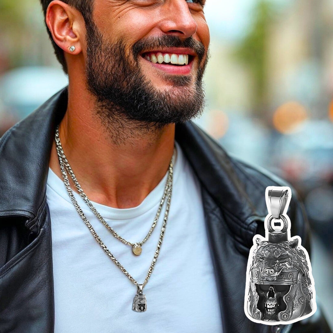 Collier homme, Pendentif Viking SKULLWOLF™ acier chaine veste cuir  rue