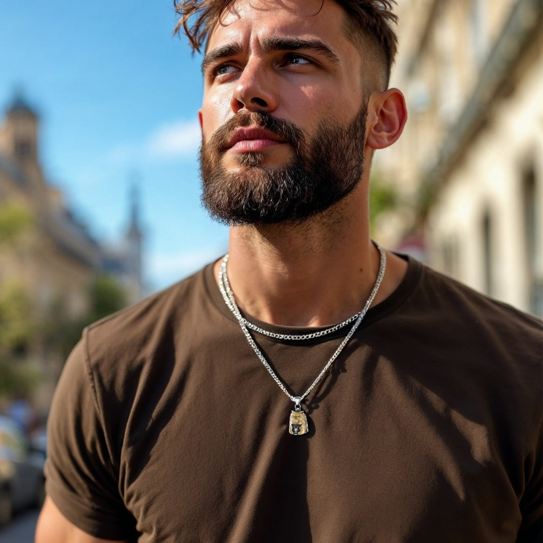 Collier homme, Pendentif Viking SKULLWOLF™ acier dore chandail marron 