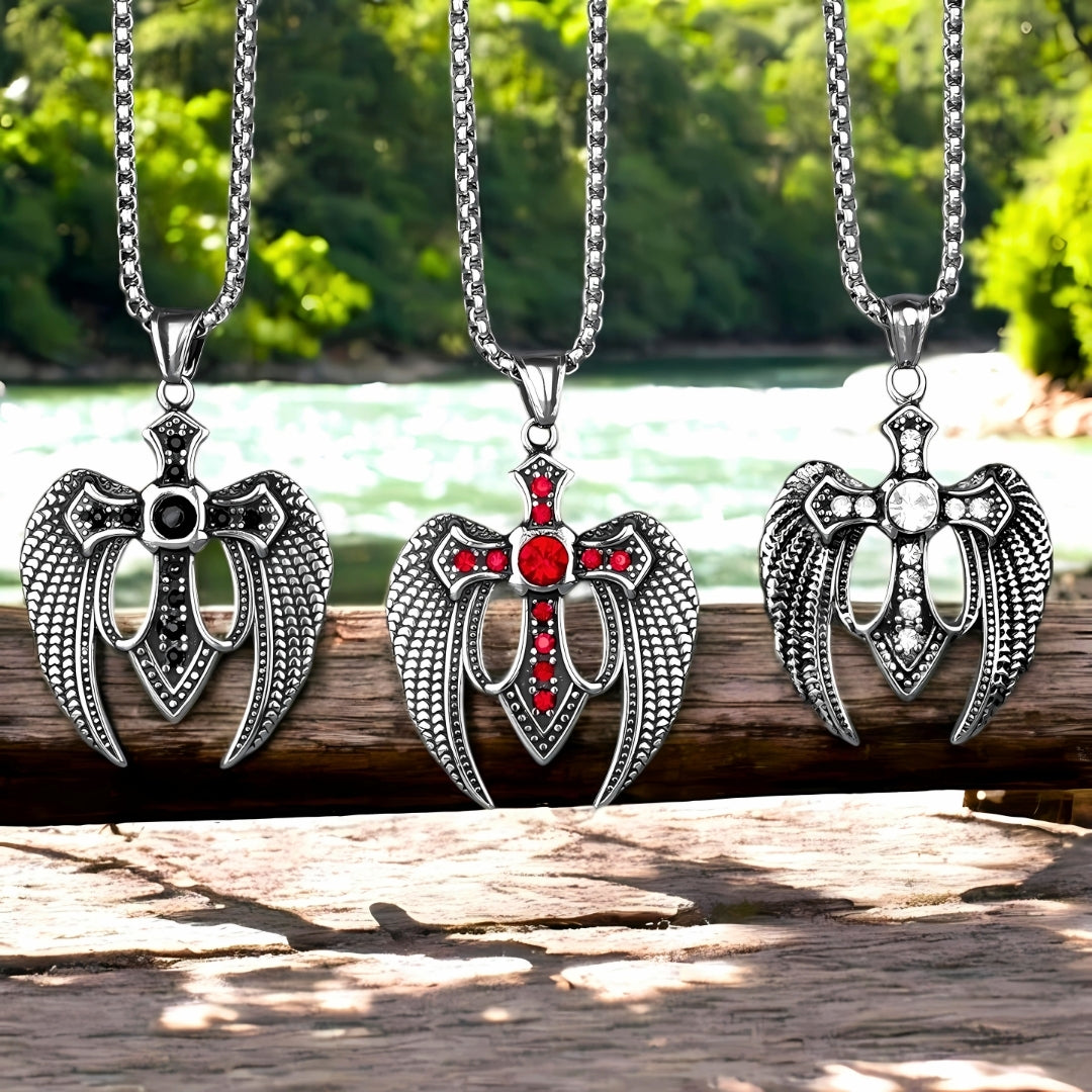 Collier homme, pendentif CROIX AILEE™ noire blanche rouge nature eau arbres