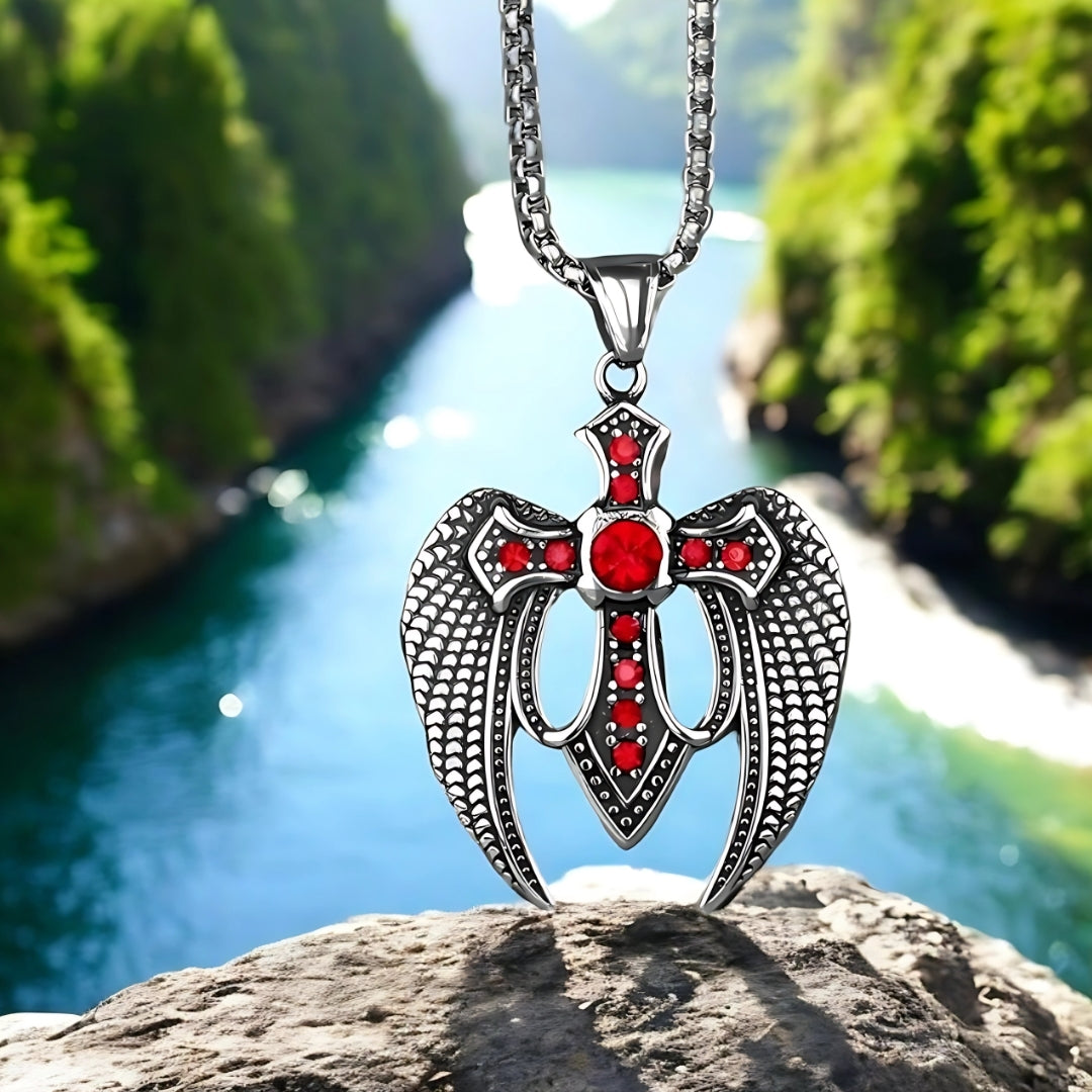 Collier homme, pendentif CROIX AILEE™ rouge rocher riviere