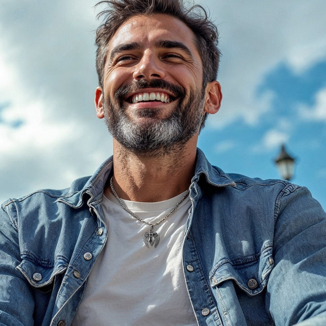 Collier homme, pendentif CROIX AILÉE™  noire t-shirt blanc veste denim ciel nuages