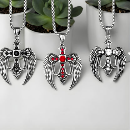 Collier homme, pendentif CROIX AILÉE™ trois variantes noire rouge  table blanche blanc