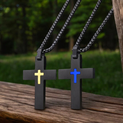 Collier homme, pendentif CROIX SUR CROIX™ noir doree noir bleu bois